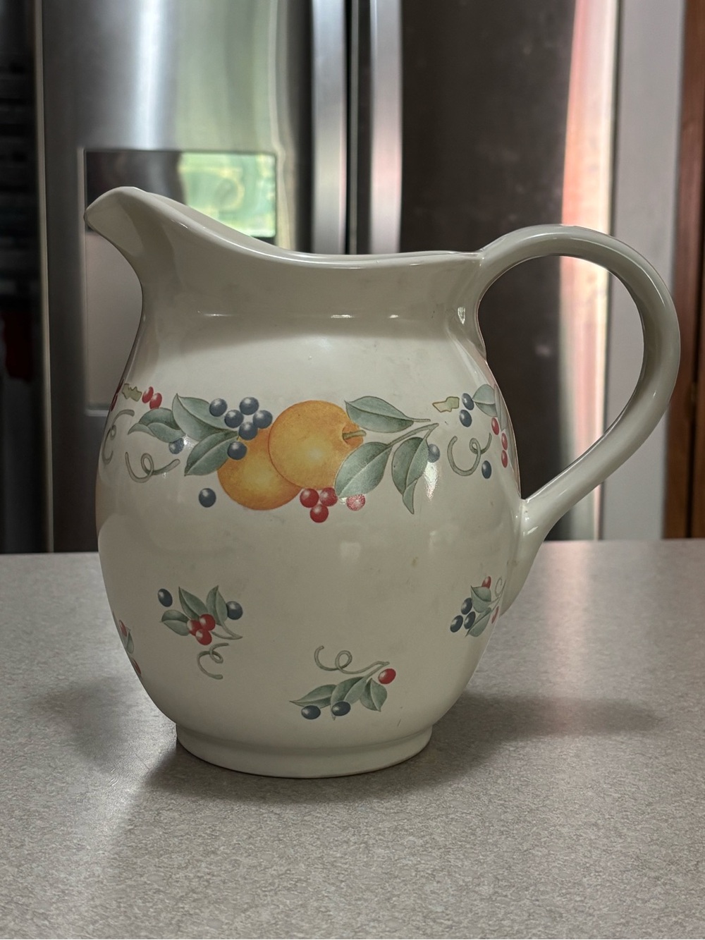 Cream Ceramic Pitcher with Yellow Fruit and Blue Berry Motif